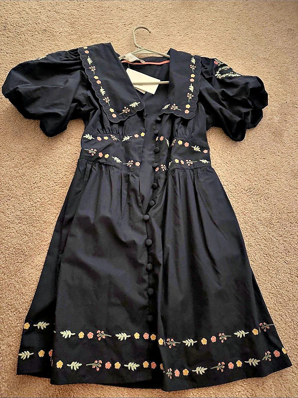 NWT Caroline Constas Black Floral Embroidered Scallop Collar Mini Dress US 10